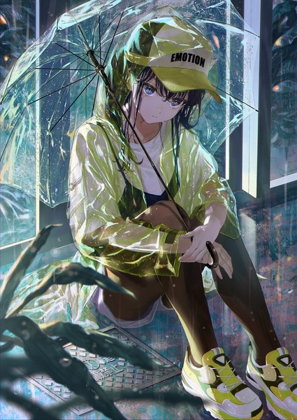 Anime picture 2510x3544 with original sann single long hair tall image looking at viewer fringe highres blue eyes black hair hair between eyes sitting full body rain clothes writing transparent umbrella girl pantyhose shoes shorts