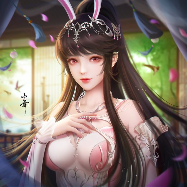 Anime picture 2000x2000 with douluo continent xiao wu bu kuaile de banzhuan zai single long hair looking at viewer fringe highres breasts smile red eyes brown hair large breasts bare shoulders animal ears payot indoors blunt bangs character names hand on chest