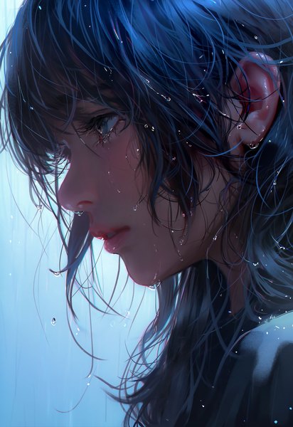 Anime picture 4269x6211 with original nixeu single long hair tall image fringe highres blue hair looking away absurdres parted lips lips realistic grey eyes portrait girl water drop