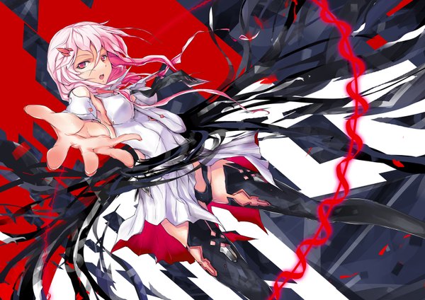 Anime picture 1680x1188 with guilty crown production i.g yuzuriha inori yui (niikyouzou) single long hair looking at viewer open mouth light erotic red eyes pink hair dutch angle girl thighhighs gloves hair ornament underwear panties black thighhighs detached sleeves
