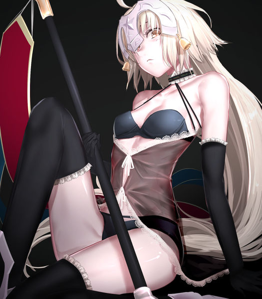 Anime picture 840x960 with fate (series) fate/grand order jeanne d'arc (fate) (all) jeanne d'arc alter (fate) jeanne d'arc alter santa lily (fate) i-pan single tall image looking at viewer fringe breasts light erotic simple background blonde hair sitting bare shoulders holding yellow eyes cleavage ahoge