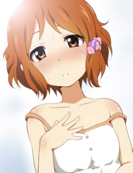 Anime picture 1000x1300 with tamako market kyoto animation makino kanna ikari manatsu single tall image blush short hair simple background brown hair white background bare shoulders brown eyes girl sundress