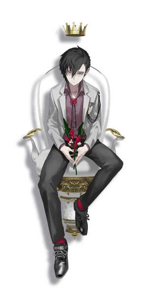 Anime picture 512x1024 with caligula male protagonist (caligula) oguchi (sugimoto gang) single tall image looking at viewer fringe short hair black hair hair between eyes sitting holding full body bent knee (knees) open clothes official art grey eyes transparent background open collar hands clasped