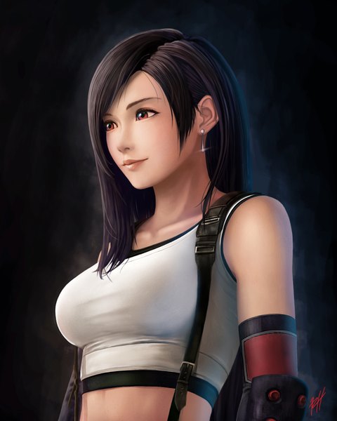 Anime picture 1350x1688 with final fantasy final fantasy vii square enix tifa lockhart ranh single long hair tall image breasts blue eyes black hair simple background brown eyes signed looking away upper body light smile lips realistic sparkle