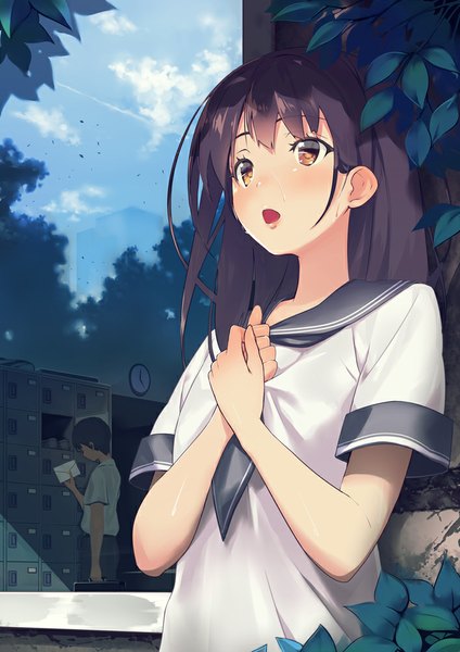 Anime picture 707x1000 with original kinugasa yuuichi long hair tall image blush open mouth black hair brown eyes sky cloud (clouds) girl boy uniform plant (plants) serafuku leaf (leaves)