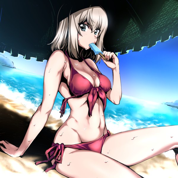 Anime picture 1000x1000 with girls und panzer itsumi erika nakahira guy single looking at viewer blush fringe short hair breasts blue eyes light erotic hair between eyes sitting bare shoulders holding payot sky cleavage silver hair outdoors