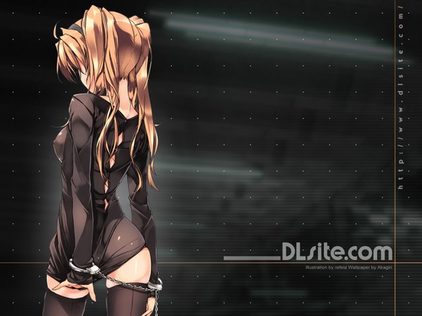 Anime picture 1600x1200 with dlsite.com dille blood refeia single long hair light erotic blonde hair twintails inscription back girl thighhighs dress ribbon (ribbons) black thighhighs hair ribbon black dress short dress handcuffs