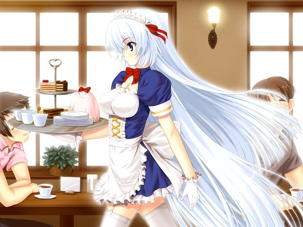 Anime-Bild 1024x768 mit elle prier (game) rafale nana blue eyes game cg white hair very long hair waitress girl