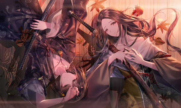 Anime picture 4973x2970 with sekiro: shadows die twice from software kuro the divine heir divine child of rejuvenation junpaku karen long hair looking at viewer fringe highres short hair black hair wide image multiple girls brown eyes signed absurdres lying traditional clothes parted lips japanese clothes