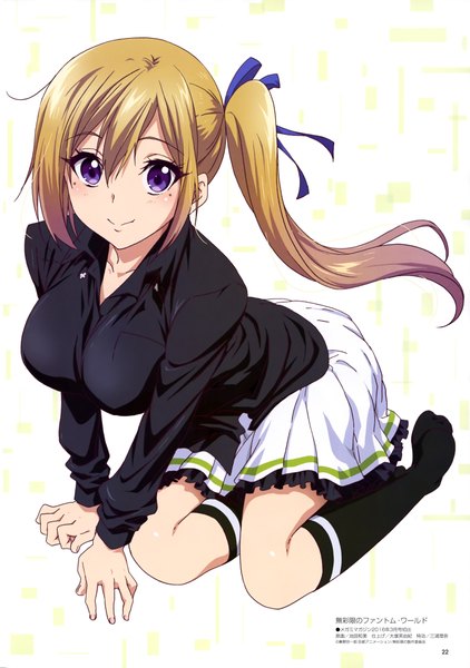 Anime picture 2878x4089 with musaigen no phantom world megami magazine kawakami mai ikeda kazumi single long hair tall image looking at viewer fringe highres simple background blonde hair smile hair between eyes white background purple eyes absurdres full body scan official art