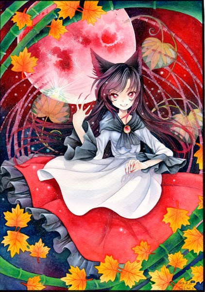 Anime picture 1056x1500 with touhou imaizumi kagerou mosho single long hair tall image looking at viewer black hair smile red eyes signed animal ears traditional media watercolor (medium) red moon girl dress plant (plants) leaf (leaves) moon