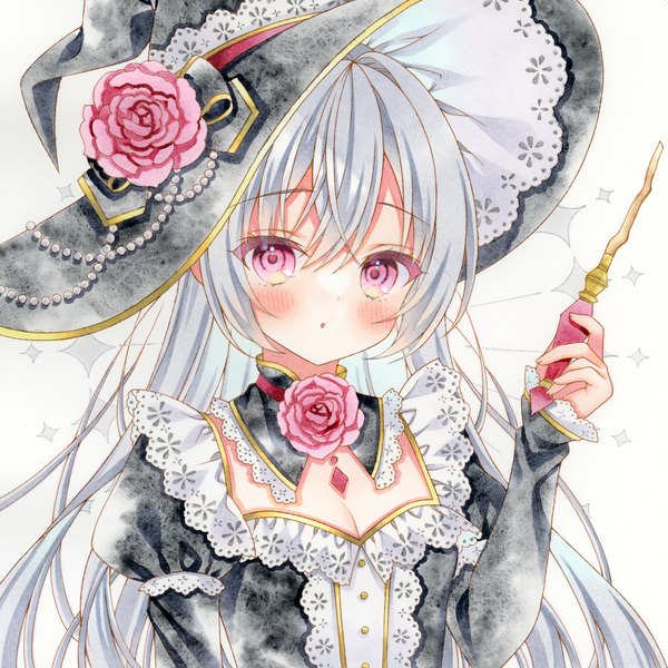 Anime picture 2000x2000 with original puu (kari---ume) single long hair looking at viewer blush fringe highres hair between eyes white background silver hair upper body pink eyes :o witch traditional media girl flower (flowers) hat detached collar