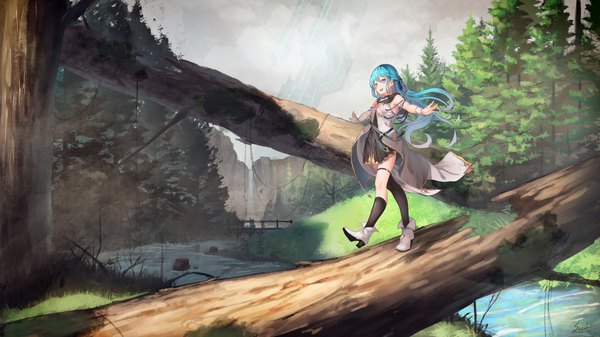 Anime picture 1920x1080 with original lee-chan (saraki) saraki single long hair fringe highres open mouth blue eyes hair between eyes wide image signed blue hair looking away cloud (clouds) full body spread arms landscape walking river