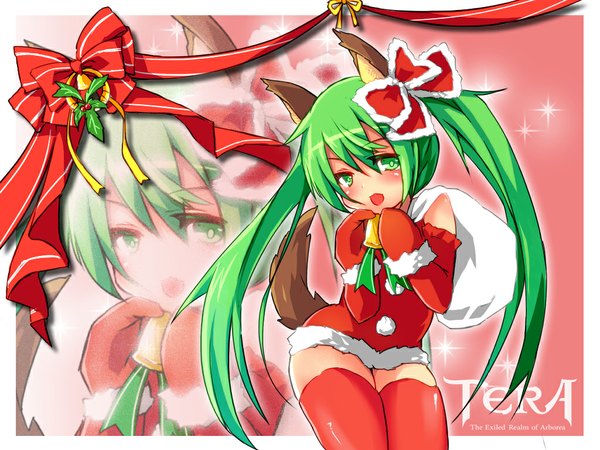 Anime picture 1024x768 with tera online brll single long hair blush open mouth twintails green eyes animal ears animal tail green hair fur trim christmas girl thighhighs fur bell santa claus costume