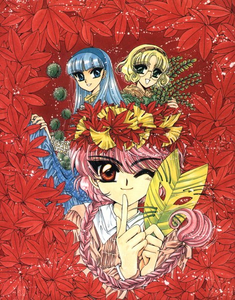 Anime picture 1056x1346 with magic knight rayearth clamp ryuuzaki umi shidou hikaru hououji fuu long hair tall image short hair blue eyes blonde hair red eyes multiple girls green eyes blue hair pink hair one eye closed wink group girl plant (plants)