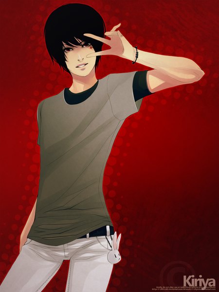 Anime picture 800x1067 with original lillymon single tall image looking at viewer short hair black hair simple background smile red eyes standing light smile red background polka dot hand in pocket face paint polka dot background boy animal bracelet