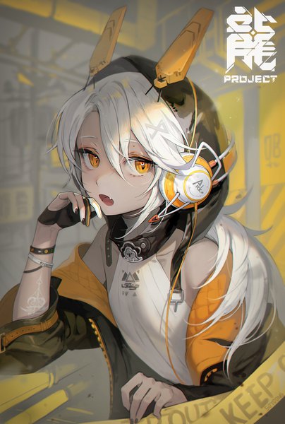 Anime picture 1200x1778 with original soyoong jun single long hair tall image fringe open mouth hair between eyes upper body white hair nail polish orange eyes fang (fangs) head rest girl cap single glove robot ears caution tape
