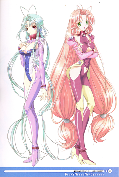 Anime picture 4069x6055 with dears ren (dears) miu (dears) tall image looking at viewer highres breasts open mouth light erotic simple background blonde hair red eyes large breasts twintails multiple girls green eyes pink hair absurdres cleavage ahoge
