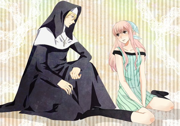 Anime picture 1000x704 with arakawa under the bridge shaft (studio) sister (arakawa) maria (arakawa) harimoji long hair blush short hair blue eyes blonde hair sitting bare shoulders brown eyes pink hair profile light smile sleeveless couple tears kneeling