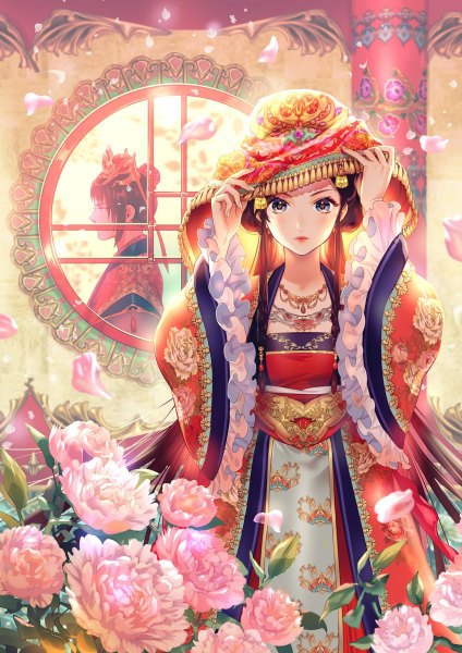 Anime picture 848x1200 with original midori foo long hair tall image looking at viewer black hair indoors traditional clothes profile wide sleeves arms up sparkle chinese clothes girl boy hair ornament flower (flowers) petals chinese dress peony