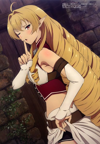 Anime picture 4105x5930 with mushoku tensei megami magazine studio bind elinalise dragonroad aineko single tall image looking at viewer blush fringe highres open mouth blonde hair hair between eyes red eyes standing absurdres ahoge outdoors one eye closed
