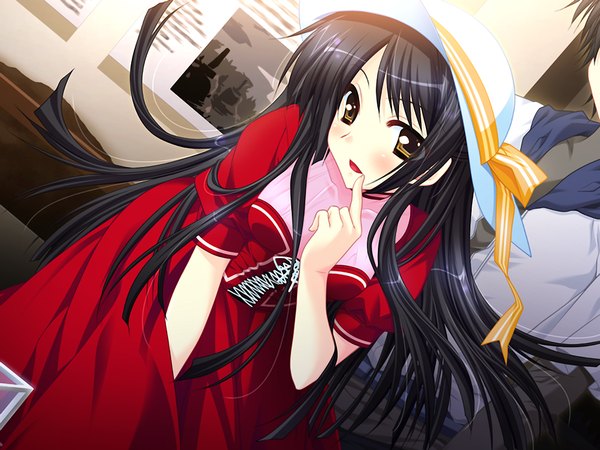 Anime picture 1024x768 with narikiri bakappuru! long hair black hair yellow eyes game cg girl dress hat red dress