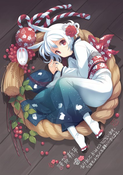 Anime picture 2889x4093 with dj max bishojo eshi 50-nin suee h2so4 single tall image looking at viewer highres short hair red eyes white hair lying traditional clothes japanese clothes hair flower light smile bunny ears hieroglyph animal print bunny print
