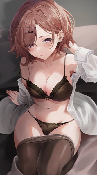 Anime picture 2172x3904 with idolmaster idolmaster shiny colors higuchi madoka li zhu single tall image looking at viewer blush fringe highres short hair breasts open mouth light erotic brown hair large breasts sitting purple eyes arm up hair over one eye