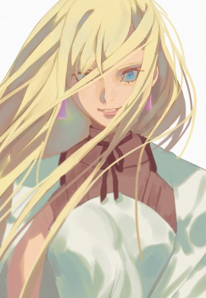 Anime picture 800x1158 with mobile suit gundam gundam hathaway's flash sunrise (studio) gigi andalusia ryukusou single long hair tall image looking at viewer blue eyes simple background blonde hair smile white background upper body wind grin girl earrings