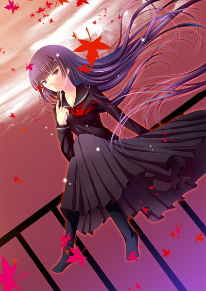 Anime picture 778x1100 with tasogare otome x amnesia silver link kanoe yuuko toshi (1-147) single long hair tall image black hair smile red eyes wind girl skirt serafuku leaf (leaves) closed fan