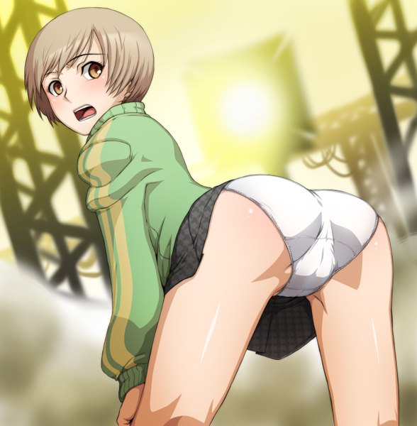 Anime picture 1400x1430 with persona 4 satonaka chie tabigarasu single tall image blush short hair open mouth light erotic brown hair brown eyes ass looking back girl underwear panties
