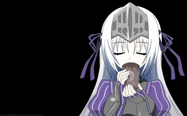 Anime picture 1500x938 with kore wa zombie desu ka? studio deen eucliwood hellscythe single long hair wide image silver hair eyes closed black background drinking girl ribbon (ribbons) hair ribbon armor