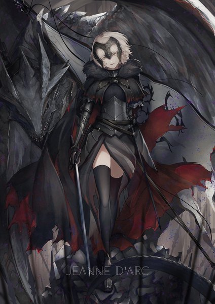 Anime picture 1447x2047 with fate (series) fate/grand order jeanne d'arc (fate) (all) jeanne d'arc alter (fate) marumoru single tall image looking at viewer fringe short hair breasts blonde hair holding yellow eyes full body parted lips head tilt hair over one eye fur trim character names