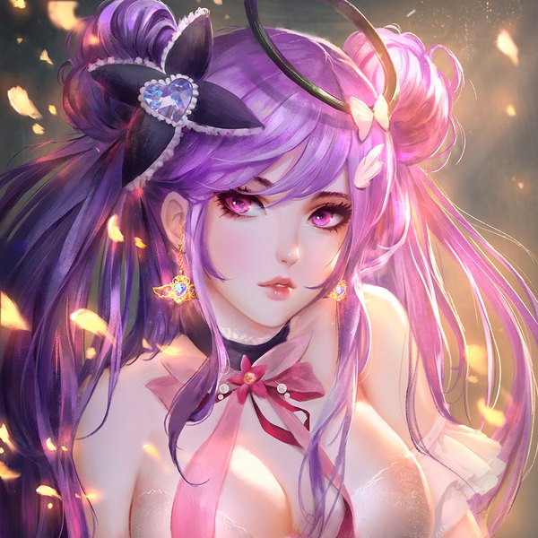 Anime picture 1100x1100 with original chaosringen single long hair blush fringe breasts light erotic hair between eyes twintails looking away cleavage purple hair upper body parted lips pink eyes lips realistic hair bun (hair buns) lipstick
