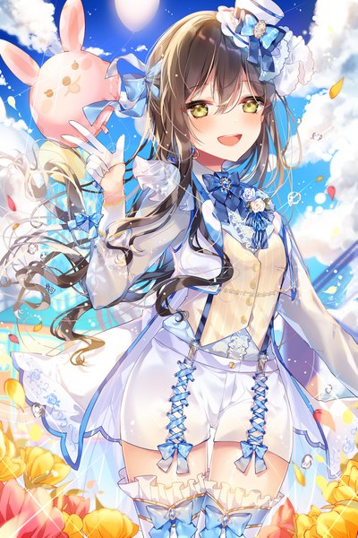 Anime picture 1181x1771 with bang dream! hanazono tae taya oco single long hair tall image looking at viewer blush fringe open mouth hair between eyes brown hair yellow eyes sky cloud (clouds) :d wind girl gloves flower (flowers)