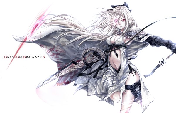 Anime picture 1200x770 with drakengard zero (drag-on dragoon) asuke yuki single long hair red eyes white hair flower over eye girl dress navel flower (flowers) weapon sword blood