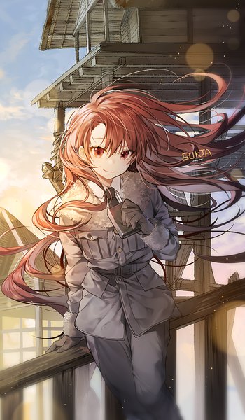 Anime picture 700x1200 with original sorolp single long hair tall image looking at viewer fringe hair between eyes red eyes brown hair standing signed sky cloud (clouds) long sleeves light smile wind sunlight girl gloves