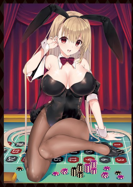 Anime picture 1359x1920 with original takanae kyourin single long hair tall image looking at viewer fringe breasts open mouth light erotic blonde hair smile hair between eyes red eyes sitting animal ears full body bent knee (knees) indoors tail