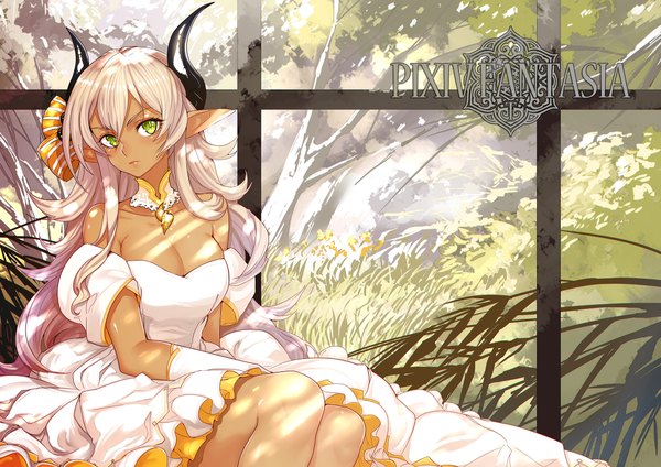 Anime picture 2104x1488 with original pixiv fantasia pixiv fantasia t realmbw single long hair looking at viewer highres bare shoulders green eyes white hair horn (horns) girl dress gloves white gloves