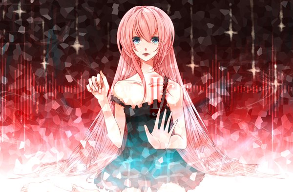 Anime picture 1600x1051 with vocaloid megurine luka single long hair blue eyes bare shoulders pink hair girl dress black dress sundress