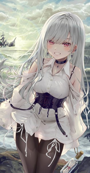Anime picture 1447x2754 with original ito lab single long hair tall image looking at viewer blush fringe breasts smile red eyes standing holding sky silver hair cloud (clouds) outdoors long sleeves wide sleeves teeth
