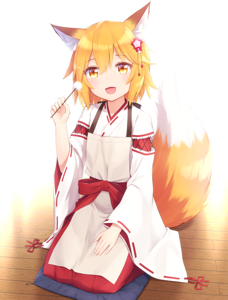Anime picture 688x904 with sewayaki kitsune no senko-san doga kobo senko (sewayaki kitsune no senko-san) haribote (tarao) single tall image looking at viewer blush fringe short hair open mouth blonde hair smile hair between eyes sitting animal ears yellow eyes tail traditional clothes japanese clothes