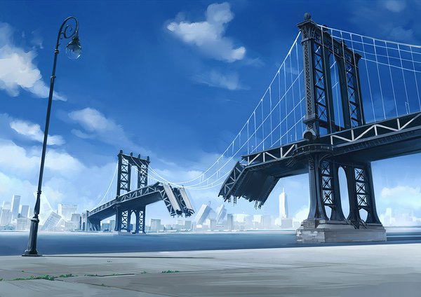 Anime picture 1024x724 with seo tatsuya sky cloud (clouds) city cityscape landscape ruins destruction broken post-apocalyptic sea lantern bridge lamppost new york manhattan manhattan bridge