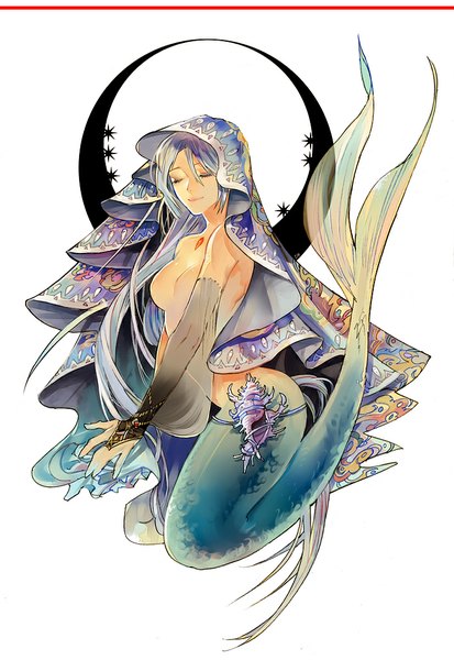 Anime picture 700x1015 with original funpjinju single long hair tall image breasts light erotic simple background white background bare shoulders blue hair purple hair eyes closed topless girl detached sleeves cape mermaid seashell