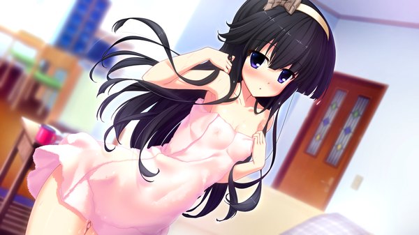 Anime picture 1280x720 with love sweets futami iori tagme (artist) single long hair looking at viewer blush blue eyes light erotic black hair wide image game cg naked towel girl hairband towel