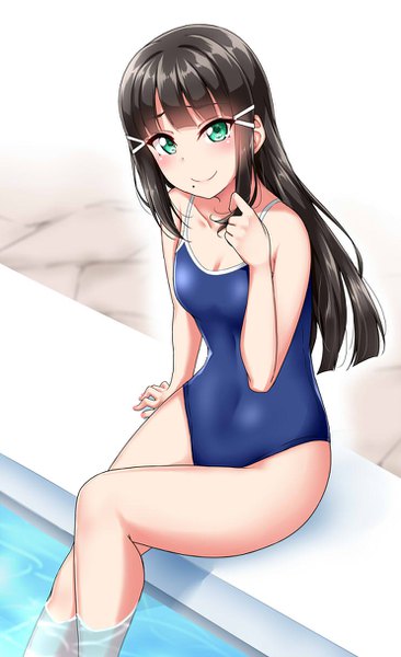 Anime picture 742x1214 with love live! sunshine!! sunrise (studio) love live! kurosawa dia yopparai oni single long hair tall image looking at viewer blush fringe breasts light erotic black hair smile sitting bare shoulders green eyes cleavage blunt bangs