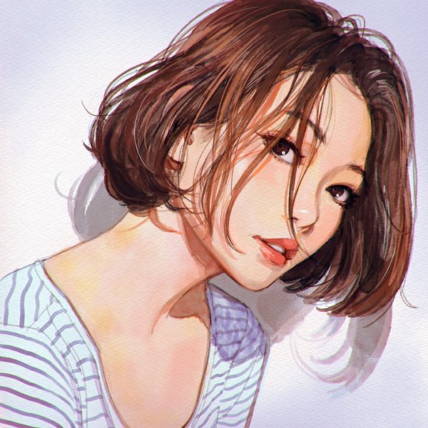 Anime picture 900x900 with original ilya kuvshinov single looking at viewer short hair simple background brown hair brown eyes parted lips head tilt lips shadow portrait striped purple background girl