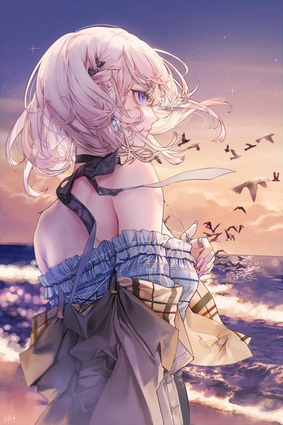 Anime picture 800x1200 with original kim eb single long hair tall image fringe blue eyes blonde hair bare shoulders looking away sky cloud (clouds) upper body outdoors nail polish profile fingernails from behind off shoulder horizon