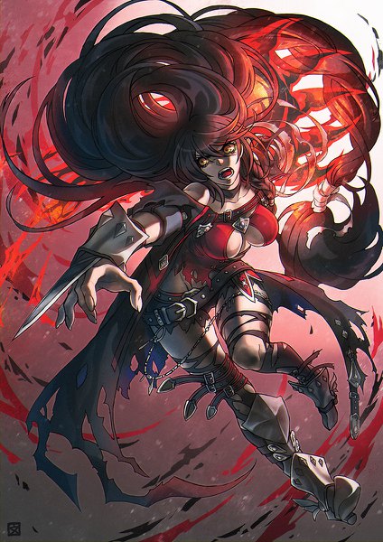 Anime picture 848x1200 with tales of (series) tales of berseria namco (studio) velvet crowe daoli single tall image breasts open mouth light erotic black hair bare shoulders yellow eyes looking away full body braid (braids) very long hair floating hair torn clothes underboob