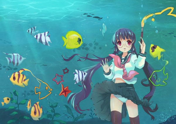 Anime picture 1280x900 with original mintchoco (orange shabette) single long hair light erotic black hair red eyes twintails underwater girl thighhighs skirt underwear panties black thighhighs glasses fish (fishes)